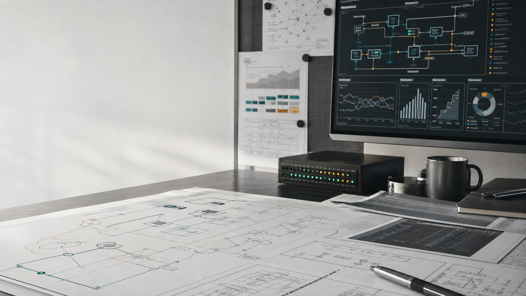 Architecture diagrams, operational dashboards, and engineering plans on a work surface.